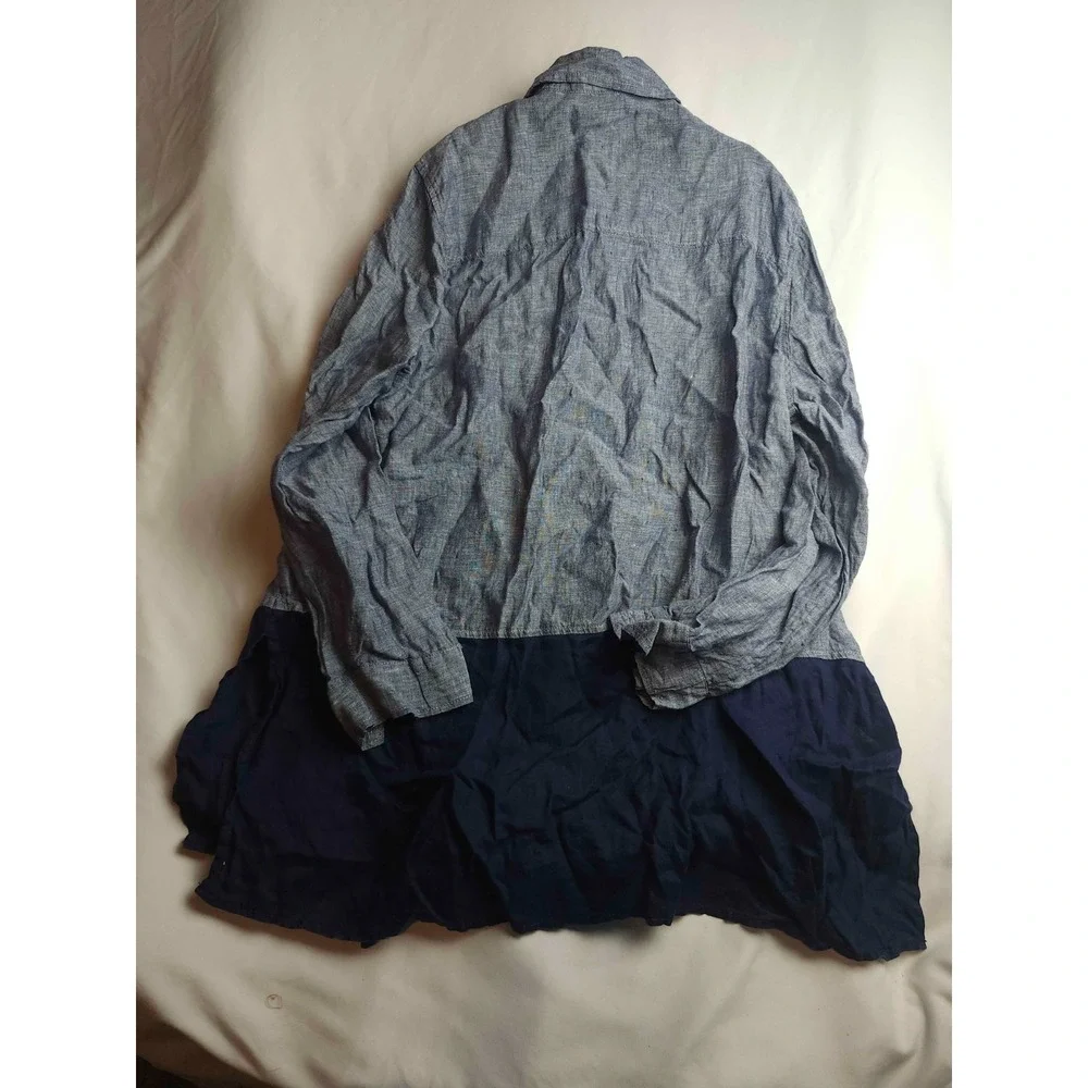 Tahari Tunic Shirt Womens Large Blue Colorblock Linen Button Up Long Sleeve Top